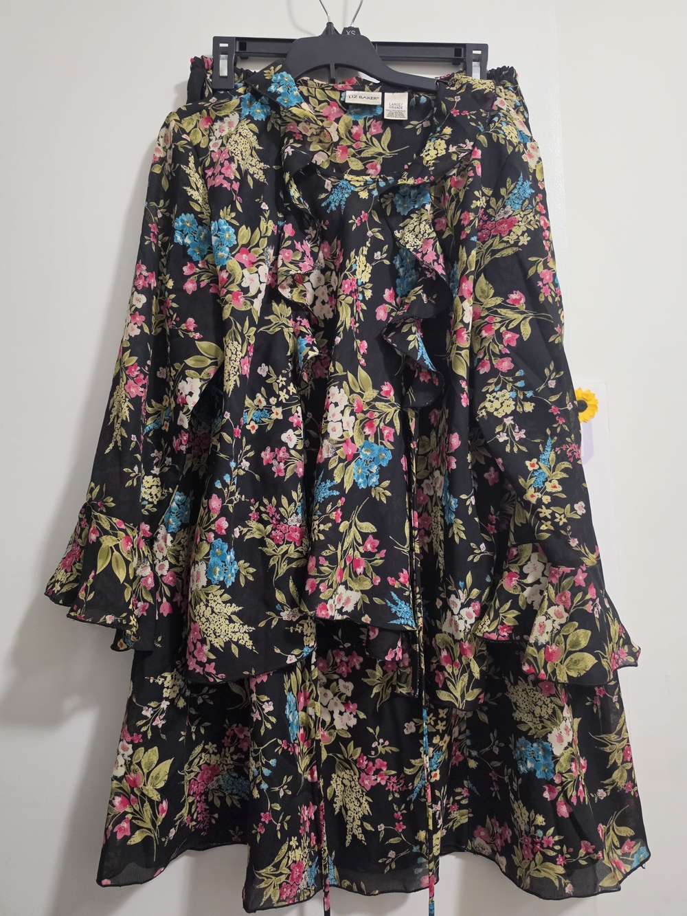 Final Price - Two Piece Set Black Floral Ruffle Maxi Skirt with And Blouse